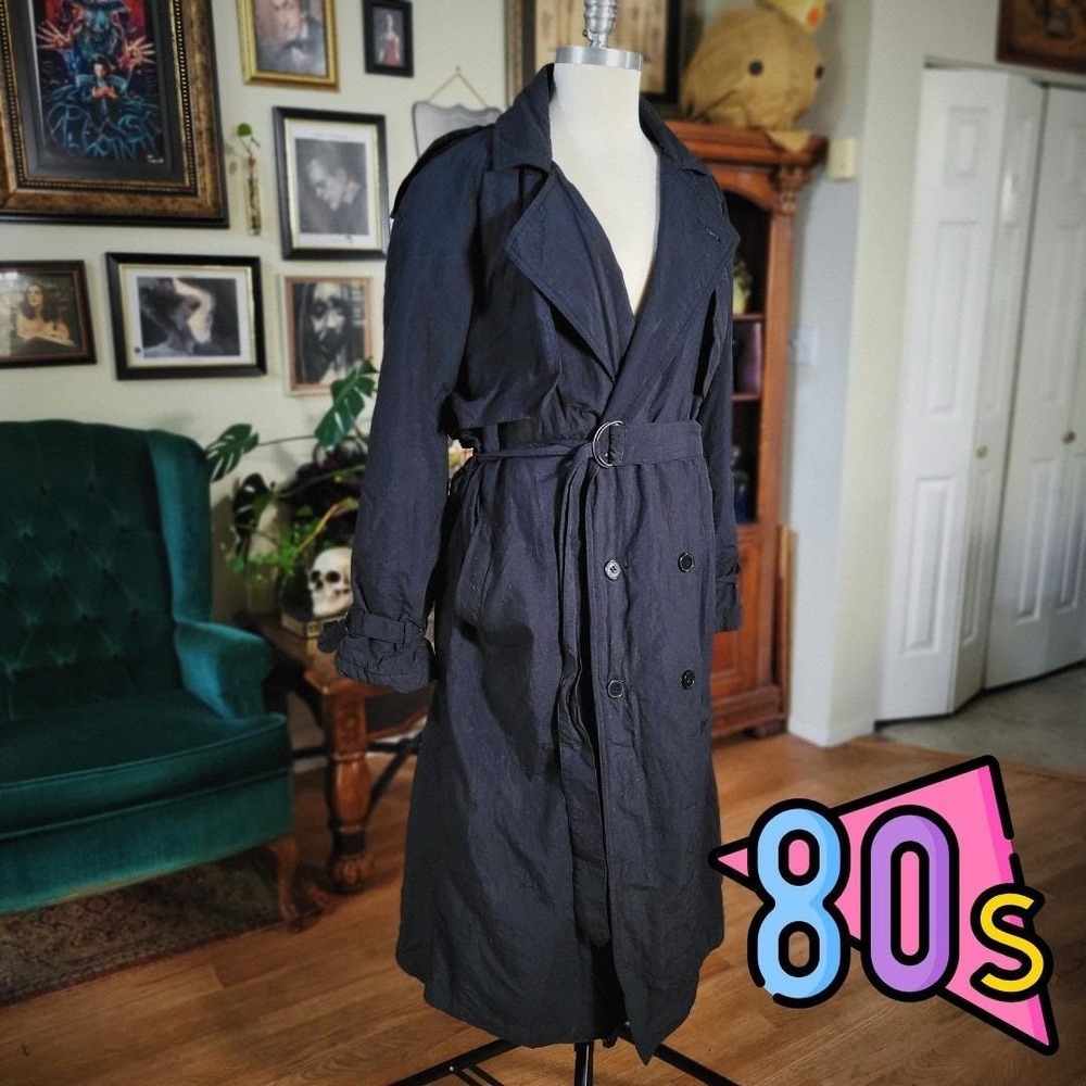 Paul Rodon Trench Coat Vintage 80s Black Double Breasted Belted Overcoat Mens 40
